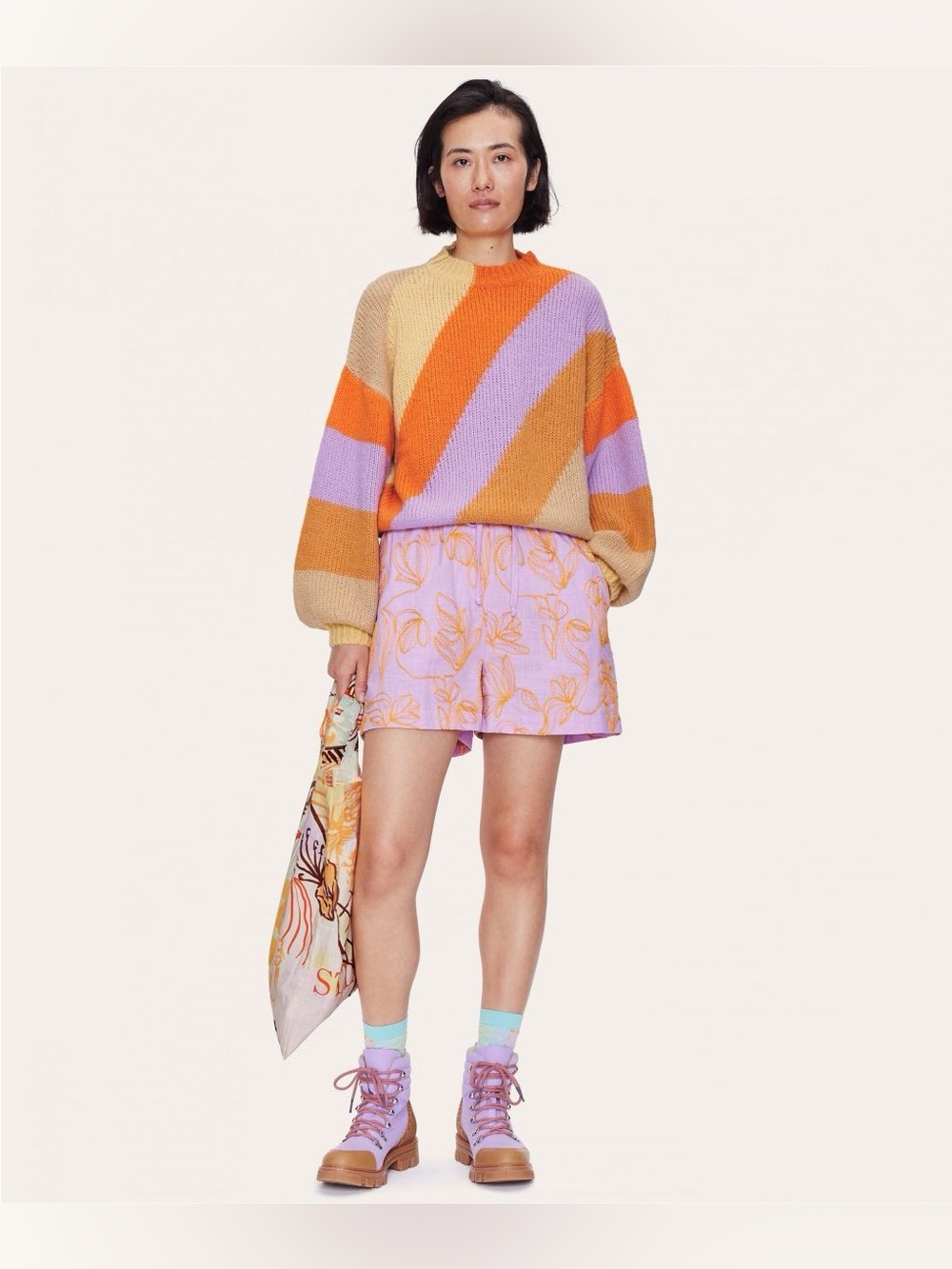 STINE‎ GOYA Alpaca  Colorblock Crew Sweater in Orange, Lavender, Cream, Tan XS